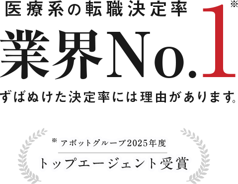 医療系の転職決定率業界No.1 ずばぬけた決定率には理由があります。 アボットグループ2019年度 トップエージェント受賞
